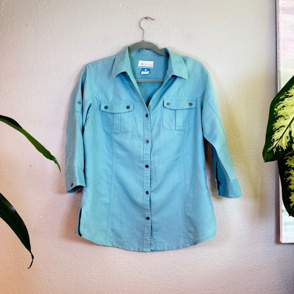 Columbia Linen Blend Light Blue Front Pocket Button Up Collared Utility Shirt L